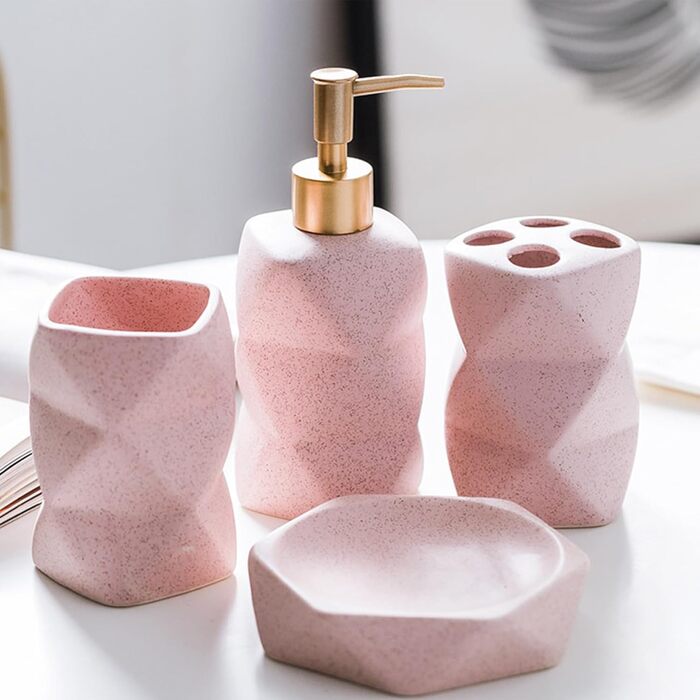 Bathroom Accessories Set, including soap dispenser, toothbrush holder, cup, soap dish, modern, elegant, bathroom organizer, ceramic bathroom decor set (Pink)