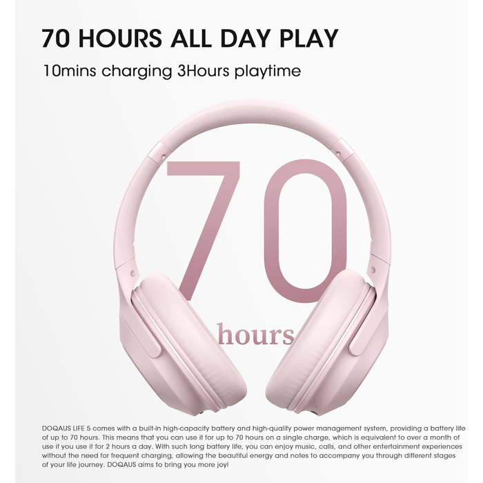 DOQAUS Бездротові навушники Bluetooth, 70 годин роботи, Bluetooth 5.3, Over-Ear, 3 режими EQ, HiFi стерео, з мікрофоном, складні, з м'якими амбушурами, рожеві