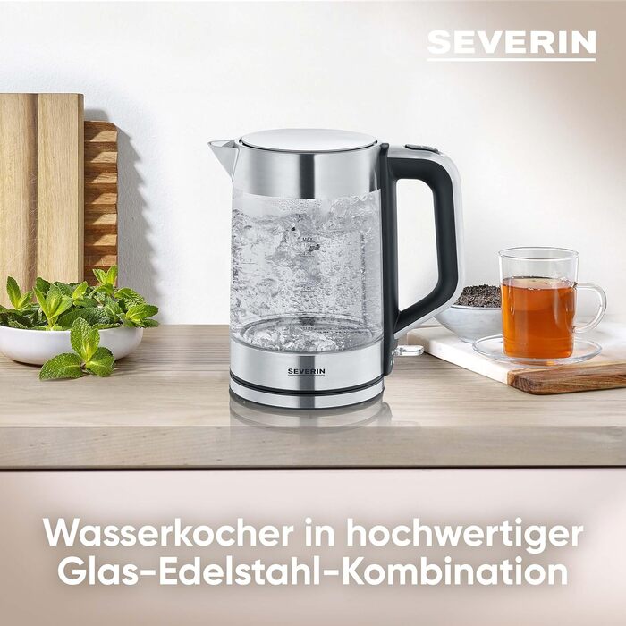 Електрочайник SEVERIN скляний з нержавіючої сталі, 1,7 л, BPA-free, 2200 Вт, WK 3420 – компактний і потужний