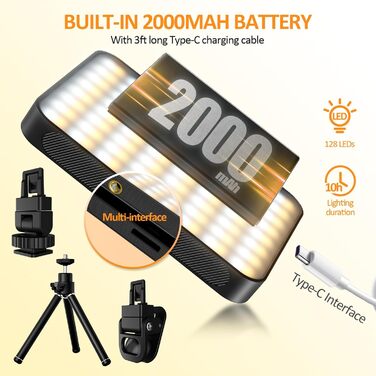 LED світло для селфі з магнітним кріпленням 128 LED, 3000K-6500K, 3 режими, 2000mAh, CRI 95+, для iPhone, iPad, камери, ноутбука, TikTok, відеозйомки, Vlog, чорний