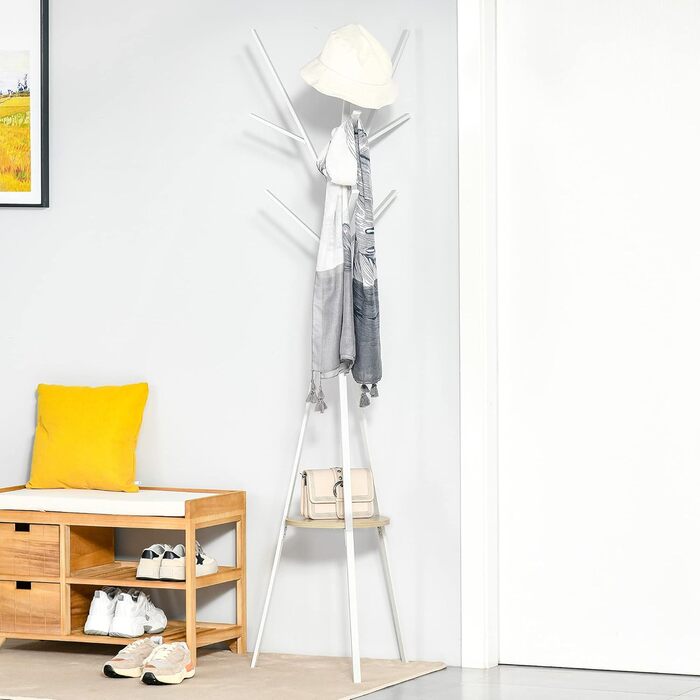 HOMCOM Coat Rack, Clothes Rack with 8 Hooks, Coat Stand with Shelf, Freestanding Coat Rack for Clothes, Hats, Bags, Metal, 45 x 45 x 180 cm (White)