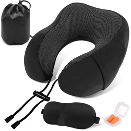 Подушка для шиї у вигляді їжачка Memory Foam для подорожей на літаку, авто, в офіс. З навушниками, маскою для сну та сумкою. Чорна.