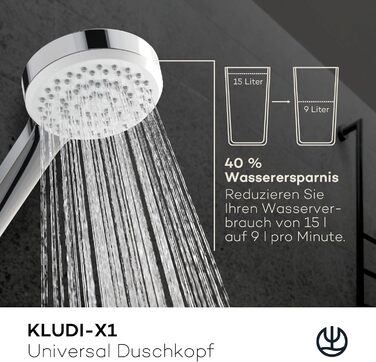 KLUDI-X1 Universal Shower Head with Hose, optional shower spray, water-saving with 3 spray patterns (Body, Hair, Skin), easy-to-clean shower head Ø 10.7 cm, shower hose 1.60 m (Chrome, 1 spray pattern)