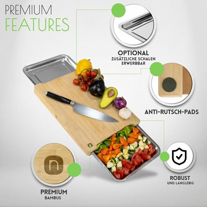 Bamboo XL Cutting Board with Magnetic Collection Bowls, Natural Bamboo Wood Chopping Board for Kitchen (40x29 cm), Premium Quality