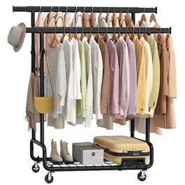 SONGMICS Heavy Duty Rolling Garment Rack with 2 Extendable Rods, Adjustable Height, Shelf & Hooks - Black