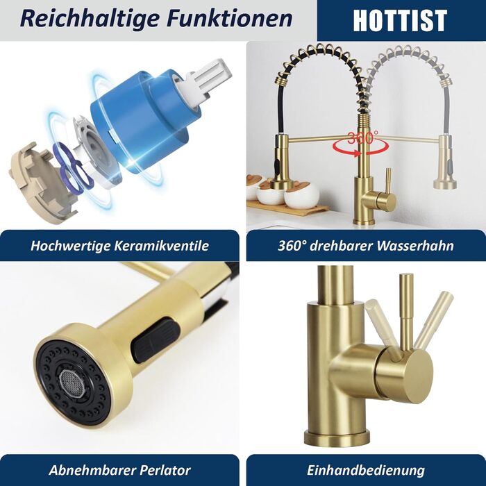 Чорний кухонний змішувач з висувною лійкою, високий поворотний вилив, 2 режими розпилення, шланговий, нержавіюча сталь, матове золото