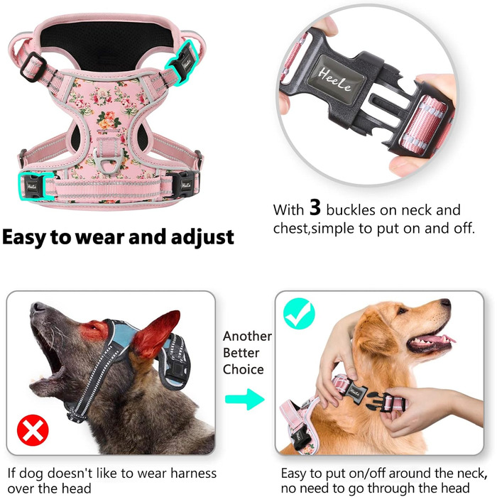 Шлейка для собак HEELE, рожева, квітковий принт, для середніх собак, 38-71 см, з м'яким ручним захопленням, світловідбиваюча