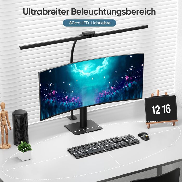 LED настільна лампа Brightower з диммуванням, 24W, 80см, для офісу та дому, захист очей, денне світло, з пультом, гнушкий шийний механізм, 5 кольорів, чорний
