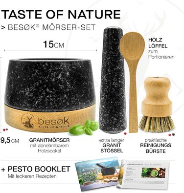 Гранітний млинок для спецій з товкачем, щіткою, рецептами та дерев'яною підставкою - 350 мл