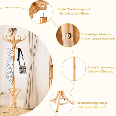 COSTWAY 184cm Wardrobe Rack with Umbrella Holder, Coat Rack with 12 Clothes Hooks, Clothes Rack made of Wood, Freestanding Wardrobe for Entryway, Living Room, and Bedroom (Natural)
