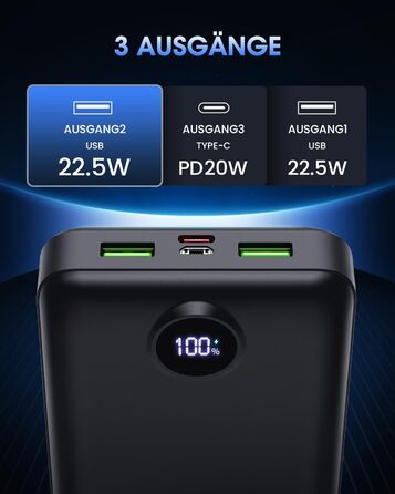 Power Bank 50000mAh з LED дисплеєм: Швидка зарядка 22.5W, USB-C, 3 виходи та 2 входи (Чорний)