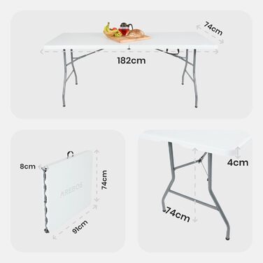 Складаний садовий стіл Arebos Buffettisch – 182 x 74 x 74 см, білий | для 8 осіб | з ручкою для перенесення | стіл для тераси, балкону та кемпінгу
