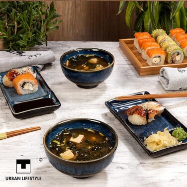 Набір для суші Urban Lifestyle на 2 особи: посуд з кераміки з реактивною глазур'ю, 2 тарілки, 2 мисочки для рису та супу, 2 палички, Marineblau MISAKI блакитний