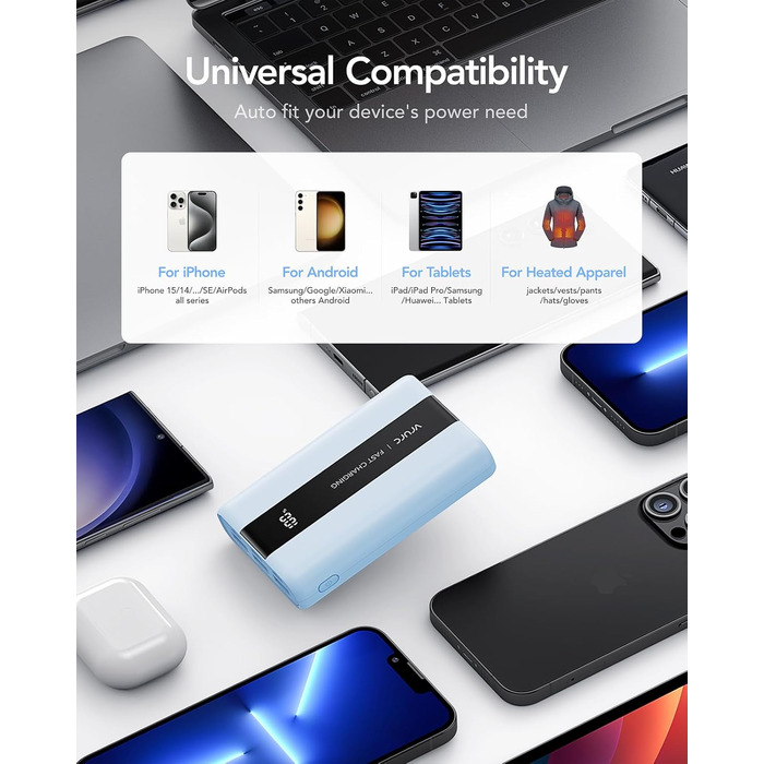 Power Bank VRURC 20000mAh: Швидка зарядка 22.5W QC/PD 3.0, USB-C, 6 портів, LED-дисплей, для iPhone, Samsung, Huawei, iPad, Зелений/Синій