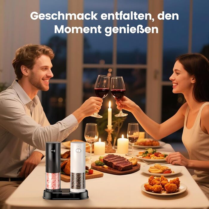 Електричні мельниці для солі та перцю 2 шт. з USB-C зарядкою, регулюванням помелу, LED-підсвічуванням, керамічним жорном та стійкою підставкою – чорний та білий