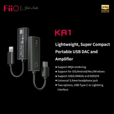 Підсилювач навушників FiiO JadeAudio KA1, USB DAC, висока роздільна здатність, 3.5 мм, без втрат, для смартфонів/PC/ноутбуків/плеєрів (Type-C, чорний)