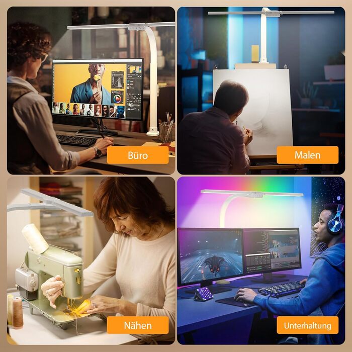 LED лампа настільна з двома головками, регульована яскравість, кріплення на струбцині, захист очей, денне світло, для офісу та ПК, RGB