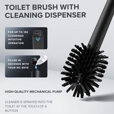 Торцева щітка для унітазу Arosund | Силіконова щітка для унітазу | З вентиляцією | Свободно стояча | Головка щітки для унітазу з нержавіючої сталі | З резервуаром для миючих засобів | Знімний піддон для крапель | Щітка для унітазу (Чорний)