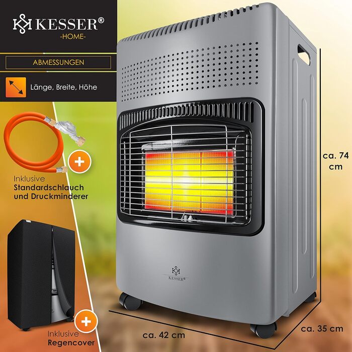 Газовий обігрівач KESSER® 4200W з керамічним пальником, регулятором тиску газу, шлангом та захисним чохлом. Підходить для балонів бутан/пропан до 15 кг.