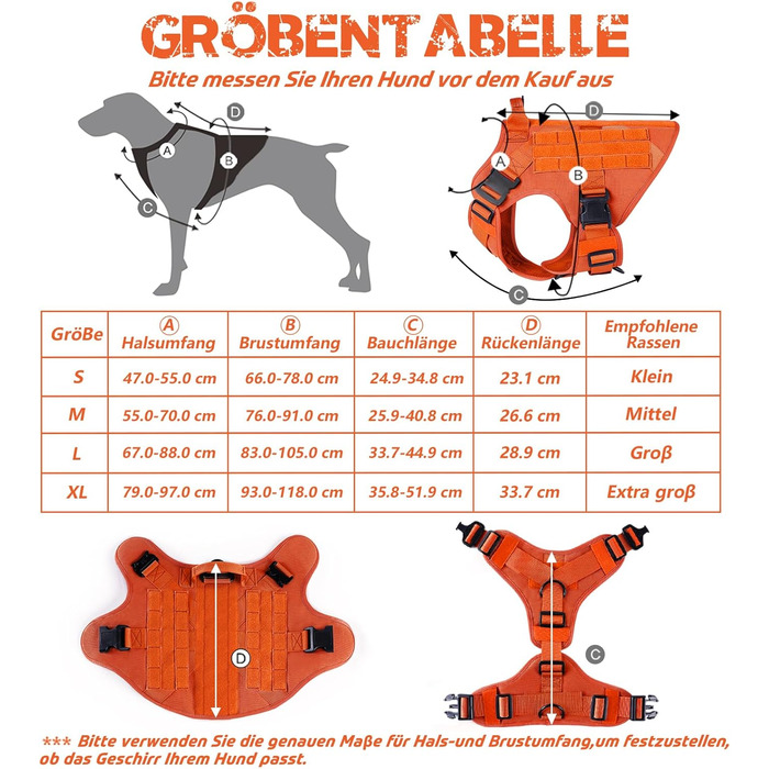Нагрудник для собак Rabbitgoo великих порід, без натягу, тактичний з MOLLE, металеві пряжки, дихаючий, військовий, регульований, з підкладкою, L (1 шт), помаранчевий
