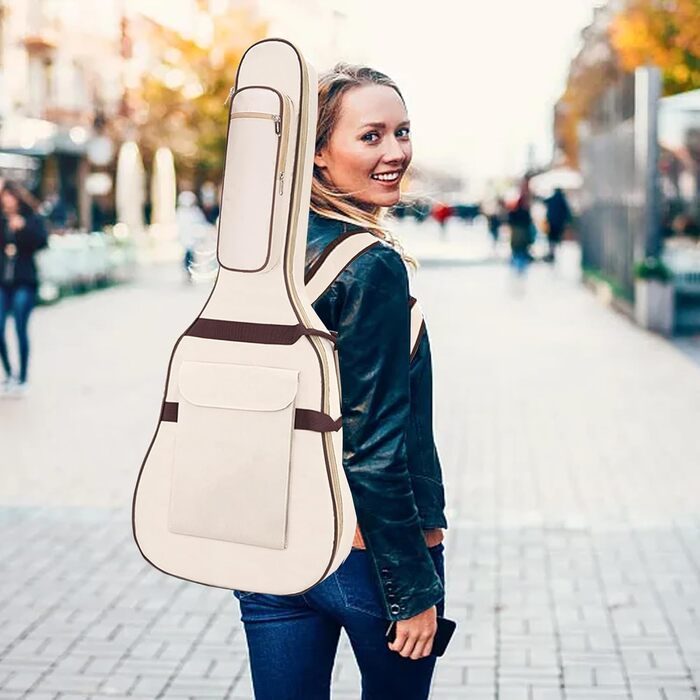 Водонепроникний кейс для гітари SUQ Oxford, 40/41 дюймів, з принтом музичних нот, нейлон, Gigbag, для електро-, акустичної та концертної гітари, ударостійкий, 8 мм підкладка, водонепроникний (бежевий)