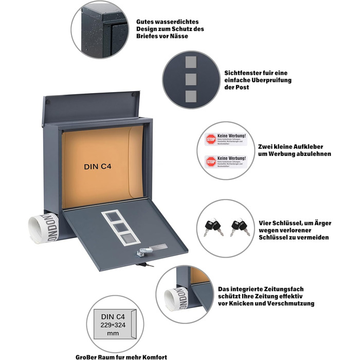 Поштовий ящик Zedelmaier XXL з нержавіючої сталі, індивідуальне гравіювання, 35x35 см, 4 ключі, для листів B5/C4, з газетницею, RAL 7016 Антрацит