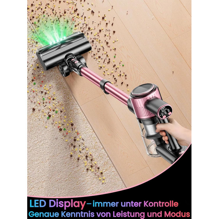 Бездротовий акумуляторний пилосос SUXIANGVAC 45000Pa/500W з LED дисплеєм та антинамотувальною насадкою, 73см подовжуваний шланг для твердих поверхонь, килимів та шерсті тварин, Рожевий