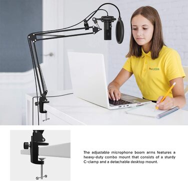 Мікрофон FIFINE для стрімінгу та запису: USB мікрофон з кріпленням, поп-фільтром та амортизатором (Чорний)