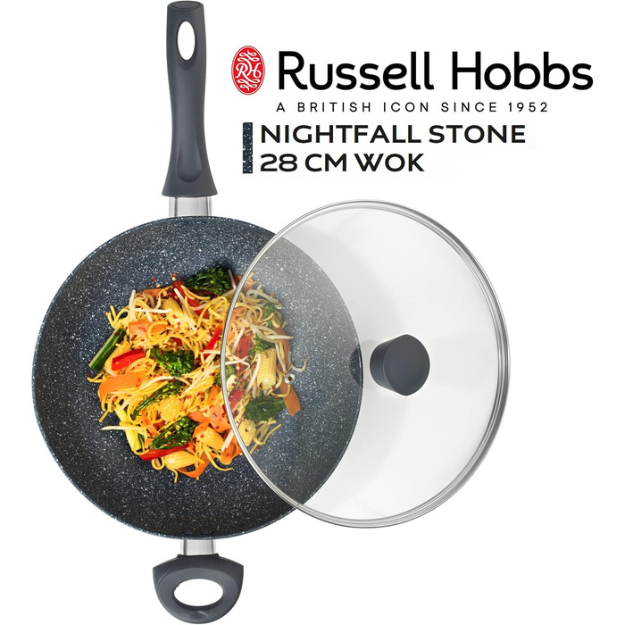 Сковорода Russell Hobbs RH00840EU7 з антипригарним покриттям, 20 см, для приготування омлетів, індукційна, з бакелітовою ручкою, з нержавіючої сталі, Nightfall Stone (вок 28 см з кришкою)