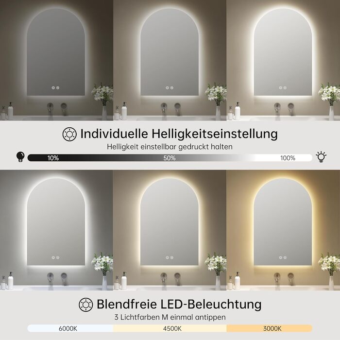 Дзеркало для ванної кімнати з підсвічуванням, арочне, без рами, 75x50 см. Touch-вимикач, регулювання яскравості, 3 кольори світла, антизапар