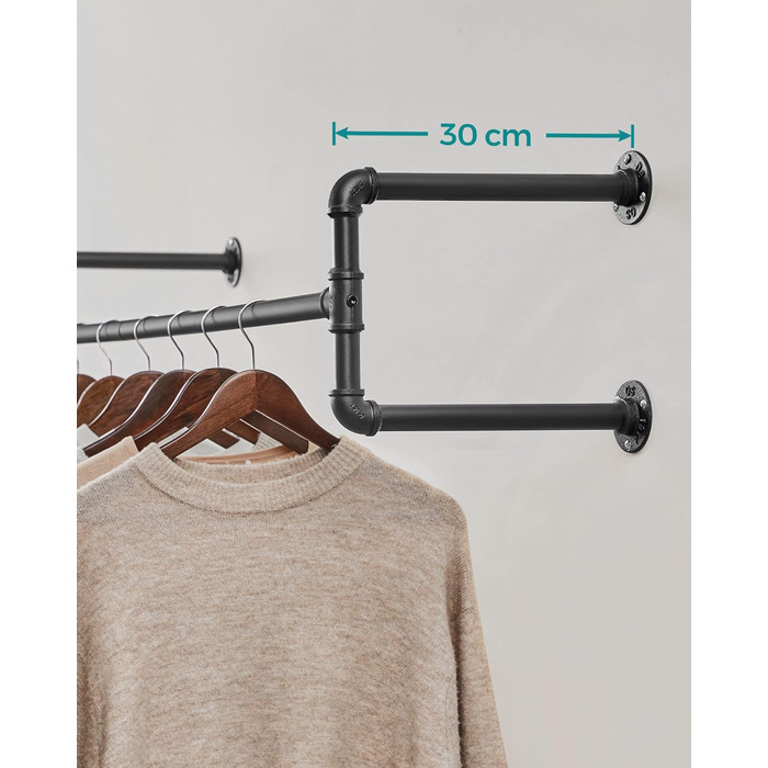 SONGMICS Wall Clothes Rack, Industrial Design Clothes Rail, 2-Piece Set, Wall Mounting, Load Capacity up to 60 kg, 30 x 112 x 29.3 cm, Easy Assembly, Black HSR64BK-02