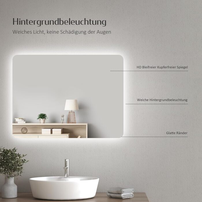 Дзеркало для ванної кімнати EMKE з підсвічуванням 50x70 см, запобігання запотіванню, 3 кольори світла, регулювання яскравості, сенсорне управління, функція пам'яті та автоматичне вимкнення через 3 години, ідеально для ванної кімнати (60 x 40 см)