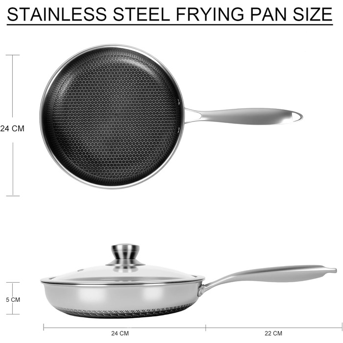 Сковорода з антипригарним покриттям 24 см з кришкою, нержавіюча сталь, безпечна для здоров'я, сумісна з усіма плитами, посуд без PFOA, срібна