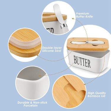 Large butter dish with lid and knife, European size, porcelain butter container, butter box for butter, nuts, cheese, 650 ml