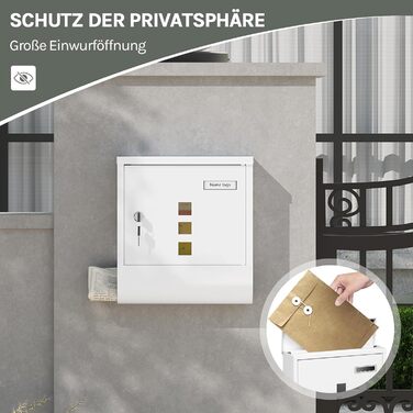 Поштовий ящик WOLTU з газетницею, оглядовим вікном та табличкою для імені, настінний, замикається (2 ключі), білий (30,5x33,5x9 см)