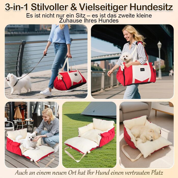 Автокрісло для собак 3-в-1 – переносна лежанка для маленьких собак, з м'яким матрацом, для переднього або заднього сидіння, внутрішнє та зовнішнє використання (червоний)