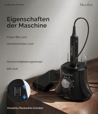 Електричний фрезер для нігтів MelodySusie 30000 об/хв: професійний набір для манікюру та педикюру з педалем. Підходить для гелю та акрилу.