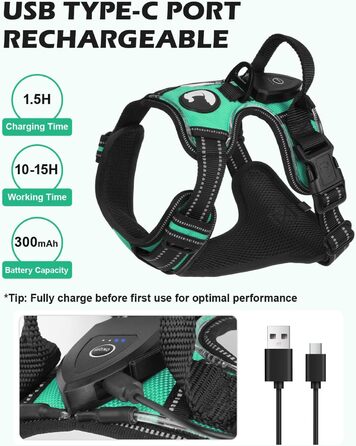 Світловідбиваючий нашийник для собак Joytale, зарядний, середнього розміру, без перетягування, з ручкою, світловідбиваючий, з м'якою підкладкою, регульований, для нічних прогулянок, чорно-синій, M (1 шт.)