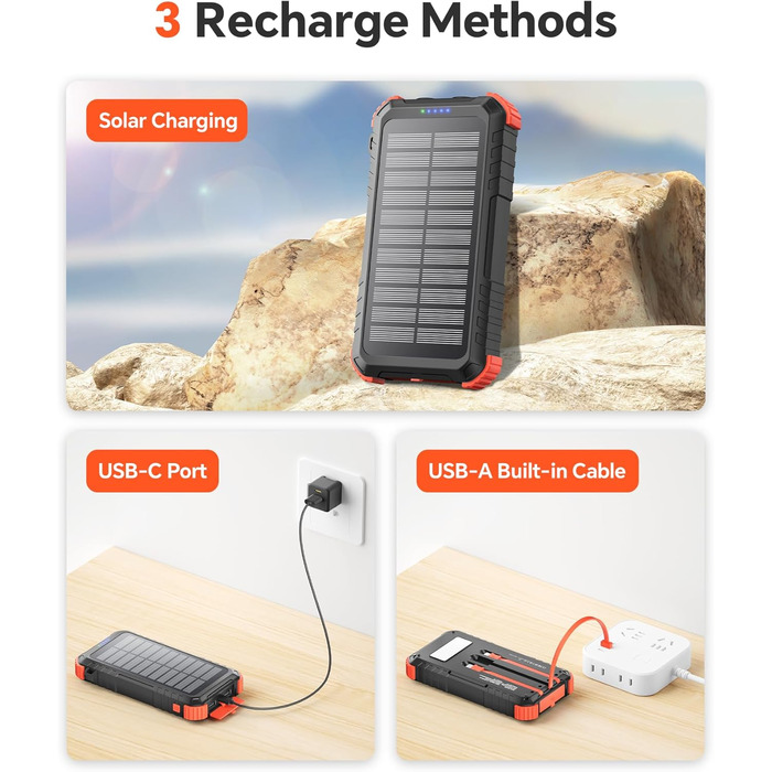 Сонячний Power Bank 26800mAh з PD15W, USB-C, 5 виходів, 3 входи, водонепроникний, з 3 кабелями, 2 ліхтариками та карабіном для кемпінгу, оранжевий