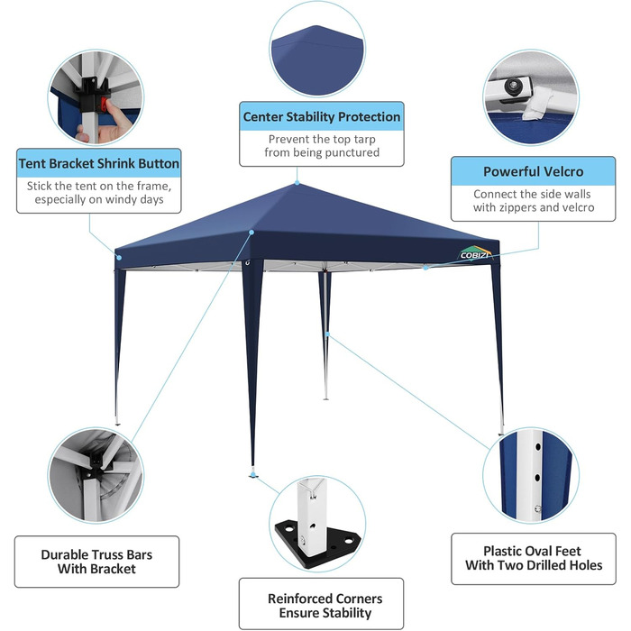 COBIZI Pop-up Pavilion 3x3, Folding Pavilion 3x3 Waterproof, Stable, Winterproof |8x Pegs|4x Wind Rope|UV Protection 50+|High-Density Tarpaulin| Pavilion Folding 3x3m Party Tent Folding Pavilion 3x3 Garden Pavilion (Navy Blue, 3x3m with 4 Side Walls)