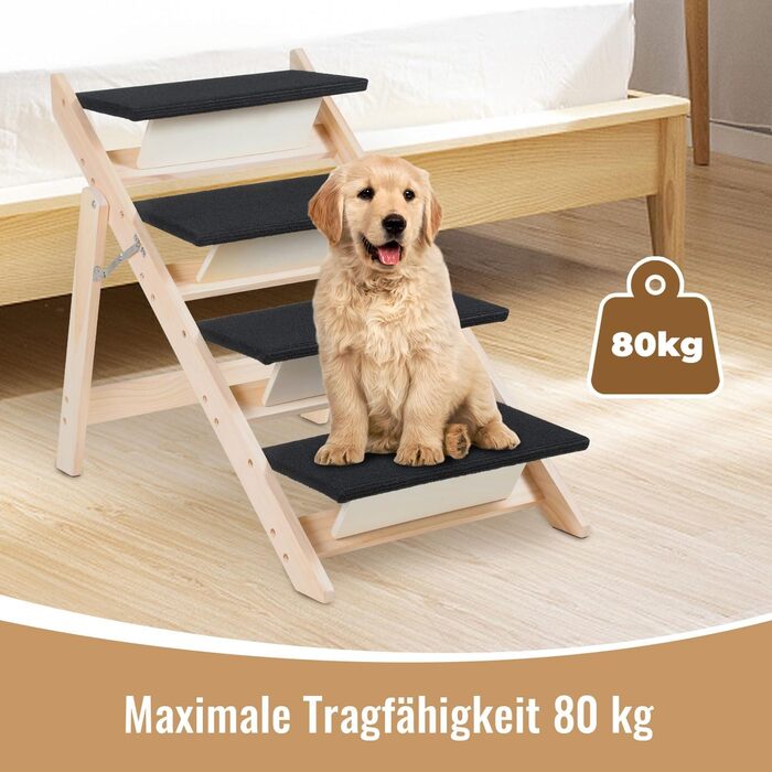 Сходинка для собак та котів 2-в-1, розкладна, 65.5 см, 4 сходинки, вантажопідйомність 80 кг, з антиковзним килимком