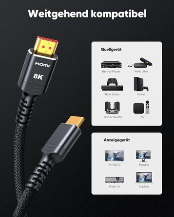 HDMI 2.1 кабель Highwings 3 метри: сертифікований, 8K/10K, 48Gbps, Ultra Highspeed, eARC, HDCP 2.2/2.3, DTS:X, HDR, сумісний з саундбаром, HDTV, монітором