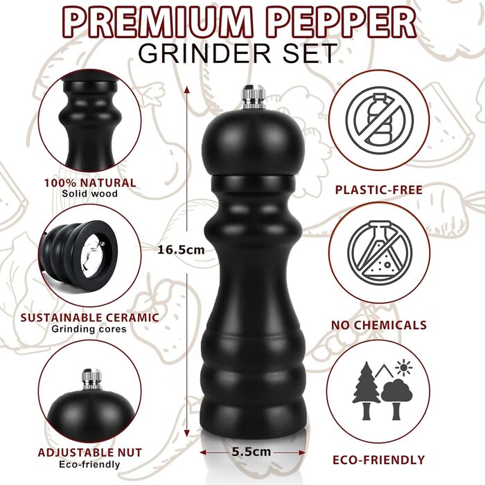 Набір для солі та перцю: ручні млини для перцю та солі, чорного кольору, великі. Дерев'яні млини для спецій з регульованою керамічною помелювальною камерою (від дрібної до грубої). 6,5 дюйми для морської солі, чилі, грубої солі (чорний та білий), 2 шт.