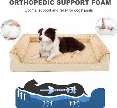 JOYELF Orthopedic Dog Bed for Large Dogs, Waterproof Foam Sofa with Removable, Washable Cover and Non-Slip Bottom for Small to Medium Dogs - (Medium - 70*52*16.5cm, Khaki)