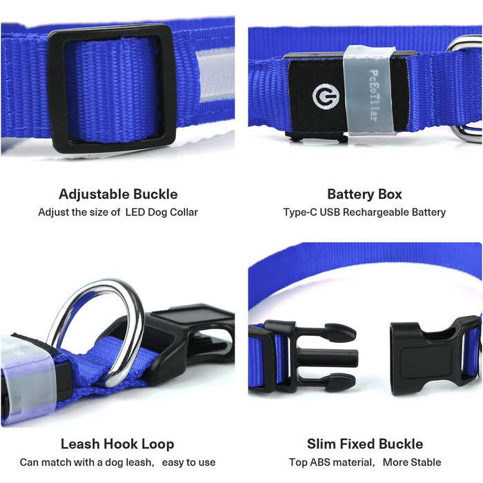 Світлодіодне нашийник для собак Leuchthalsband PcEoTllar, водонепроникний, 7 кольорів, регульований, для маленьких та великих собак, 8 режимів, синій, L (48-60 см)