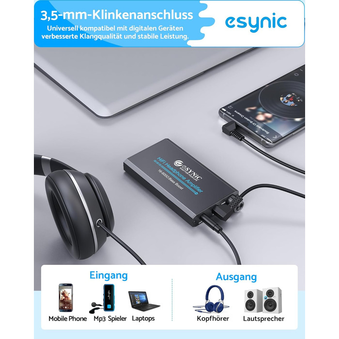eSynic Підсилювач для навушників HiFi – портативний, 3.5mm AUX, 1000mAh, для MP3/MP4/Smartphone/PC, підходить для навушників 16-600 Ом, алюмінієвий корпус