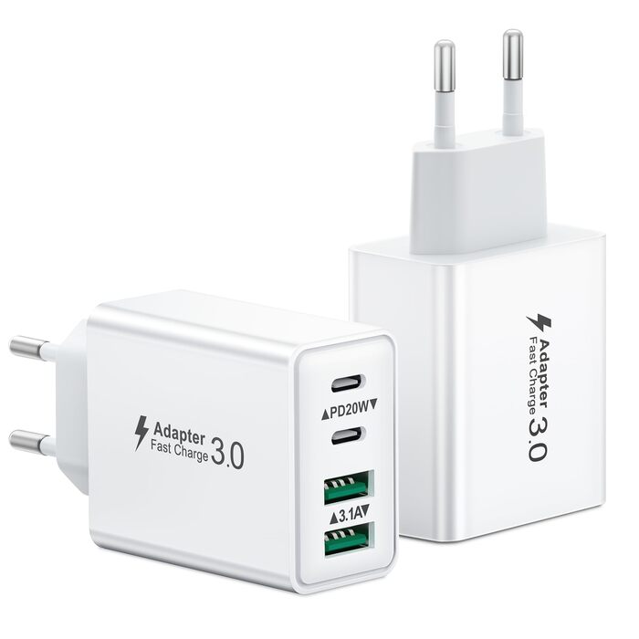 Мережевий зарядний пристрій USB-C 40W з 4 портами (2 шт.) - Зарядка для iPhone, Samsung та інших телефонів, білий