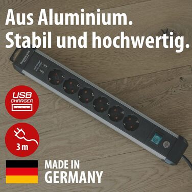 Мережевий фільтр Brennenstuhl Premium-Alu-Line на 6 розеток з USB (3.1A), 3м, алюмінієвий корпус, з вимикачем, Made in Germany