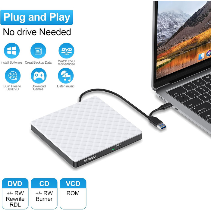 Зовнішній DVD-привід USB 3.0 та USB-C, CD/DVD Brenner для ноутбука та ПК (Windows, macOS, Linux), білий
