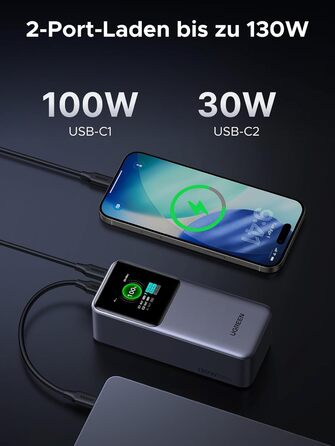 Powerbank UGREEN Nexode 20000mAh 130W з USB-C PD 3.0, цифровим дисплеєм, сумісний з iPhone, Galaxy, MacBook, Dell